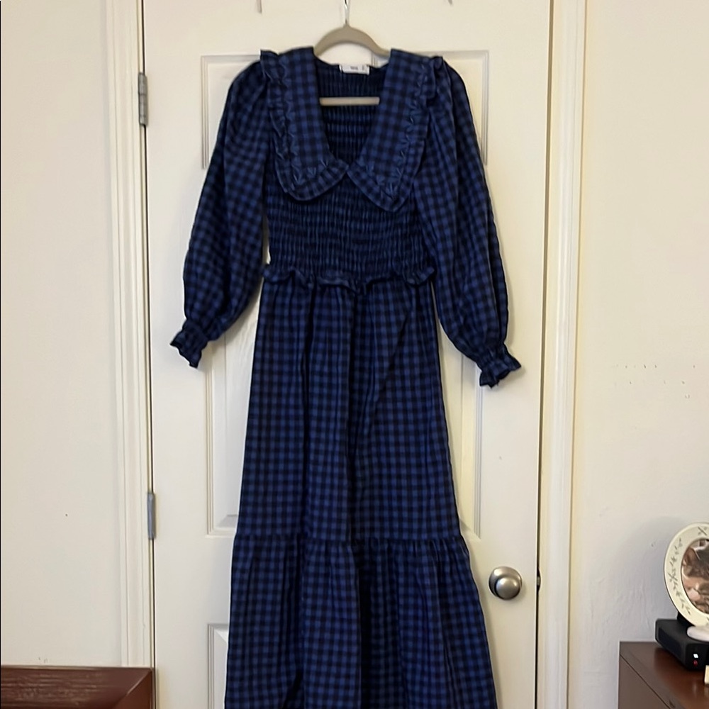 Blue maxi gown with tiered ruffled design long bishop sleeves and sailor collar